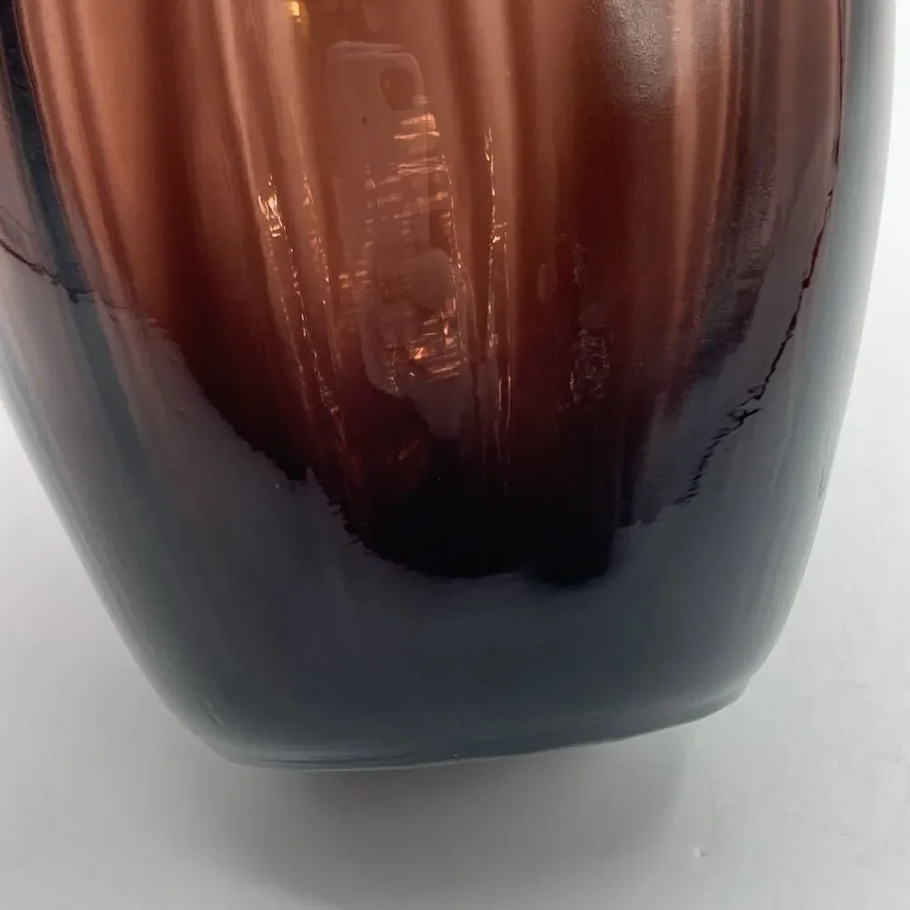 Vtg Handblown Art Glass Amethyst Ribbed Optic Jug Applied Clear Handle 8.75